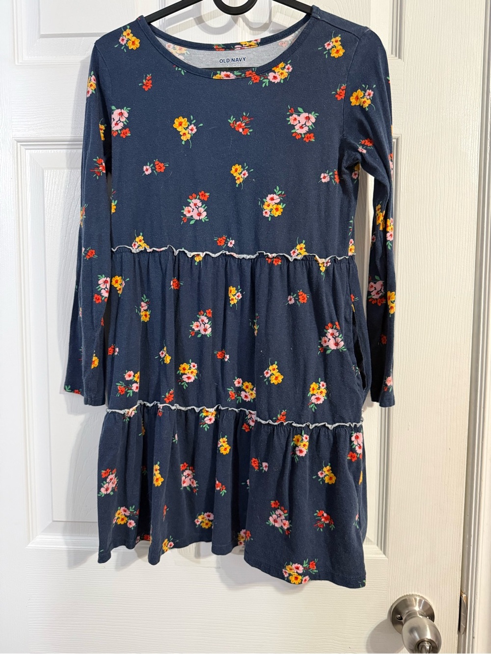 Old Navy Navy Floral Tiered Long-Sleeve Dress